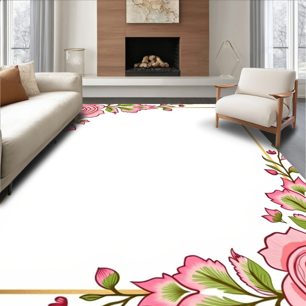 Pink Floral Whimsical Golden Frame Rug