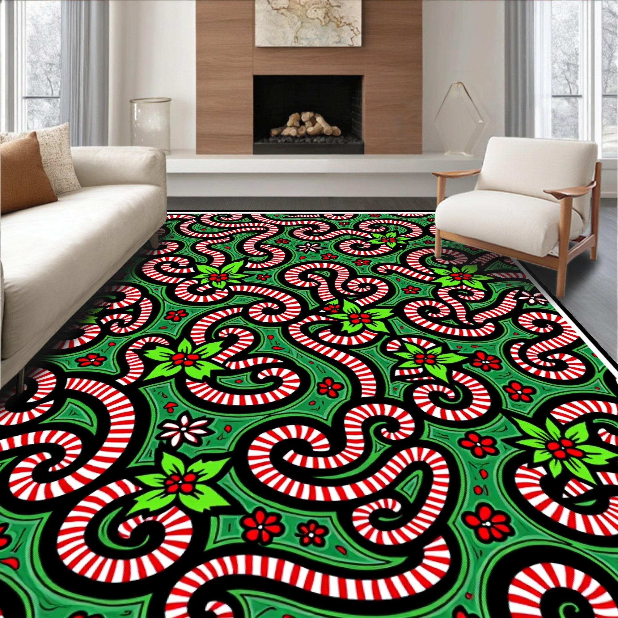 Whimsical Candy Cane Holly Swirl Rug