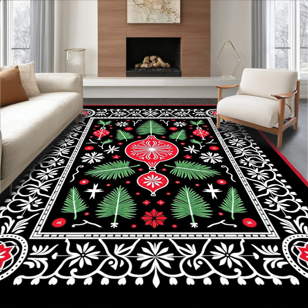 Festive Red Green Ornament Garland Rug
