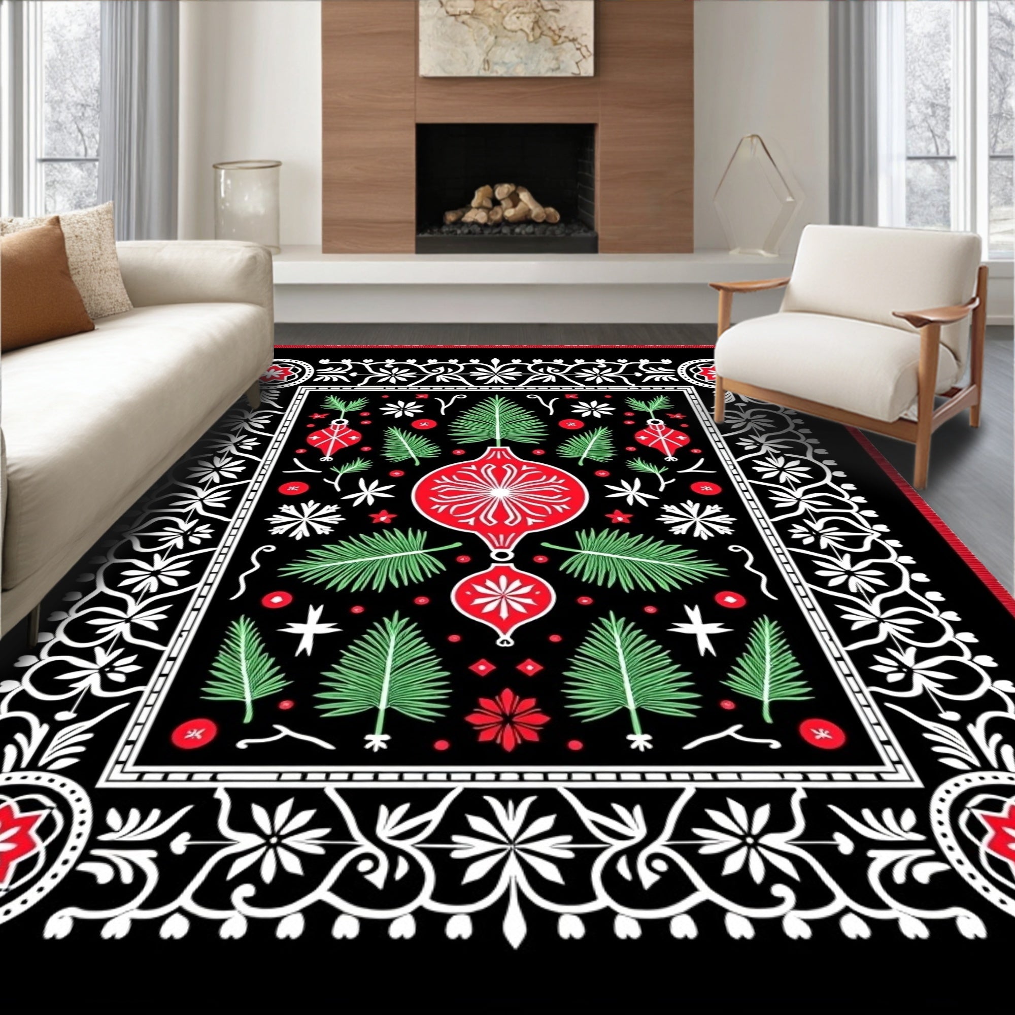 Festive Red Green Ornament Garland Rug