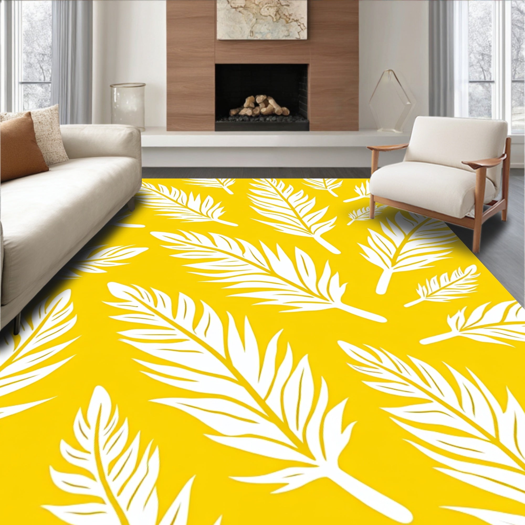 Vibrant Yellow Tropical Fern Leaves Rug