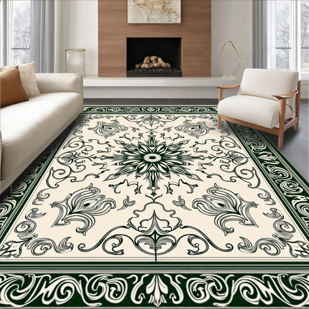 Dark Green Cream Floral Scrollwork Medallion Rug