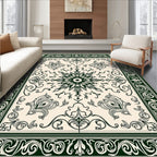 Dark Green Cream Floral Scrollwork Medallion Rug