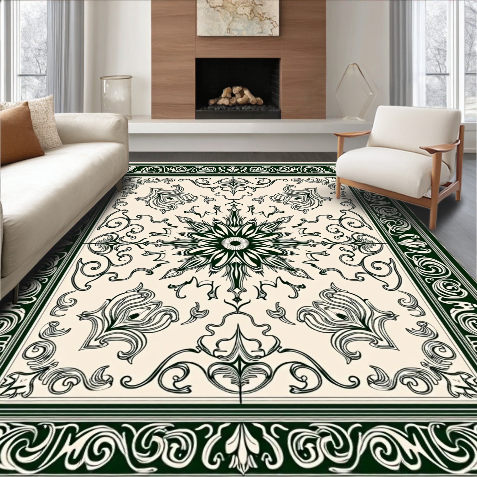 Dark Green Cream Floral Scrollwork Medallion Rug