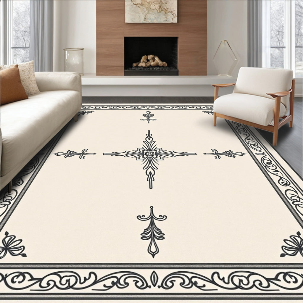 Elegant Black Floral Border Cream Rug