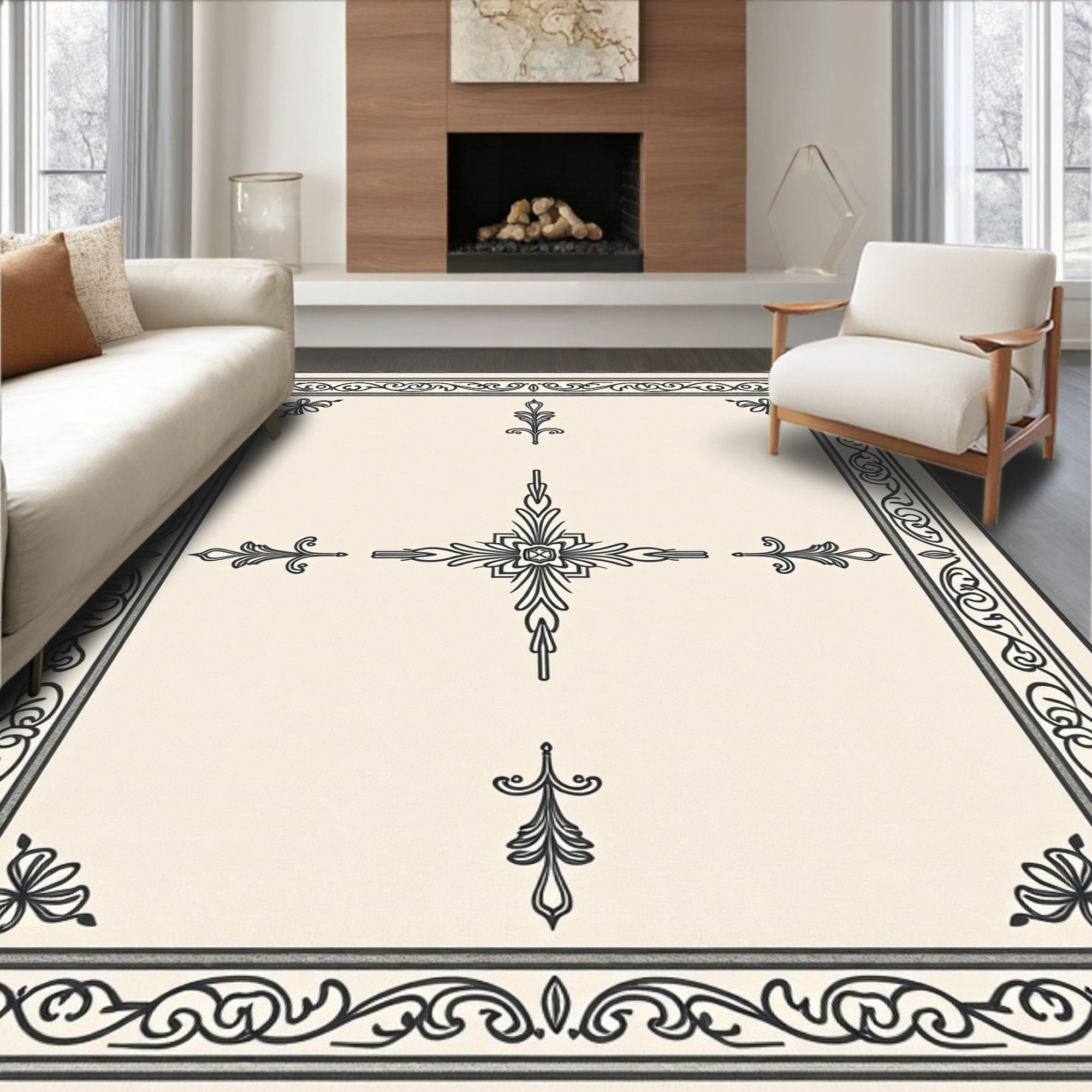 Elegant Black Floral Border Cream Rug