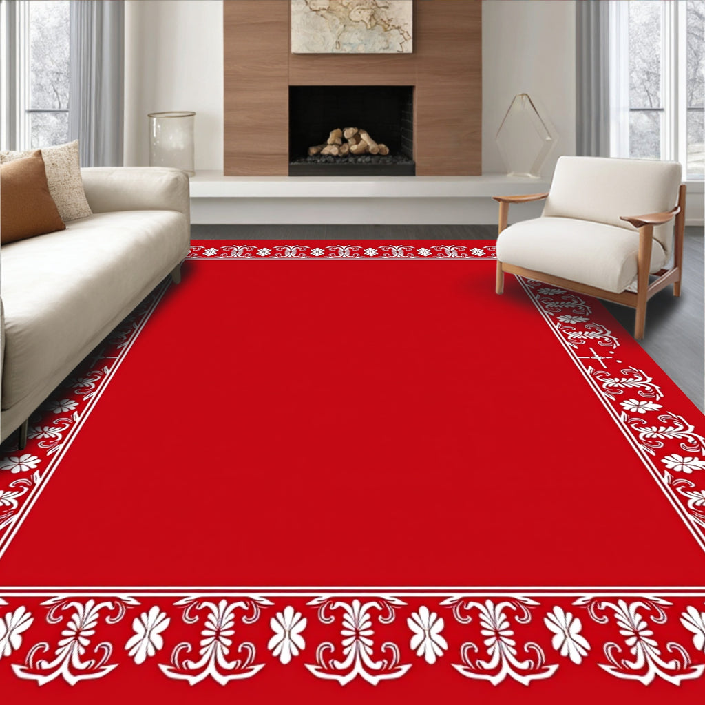 Elegant Red White Flourish Border Rug