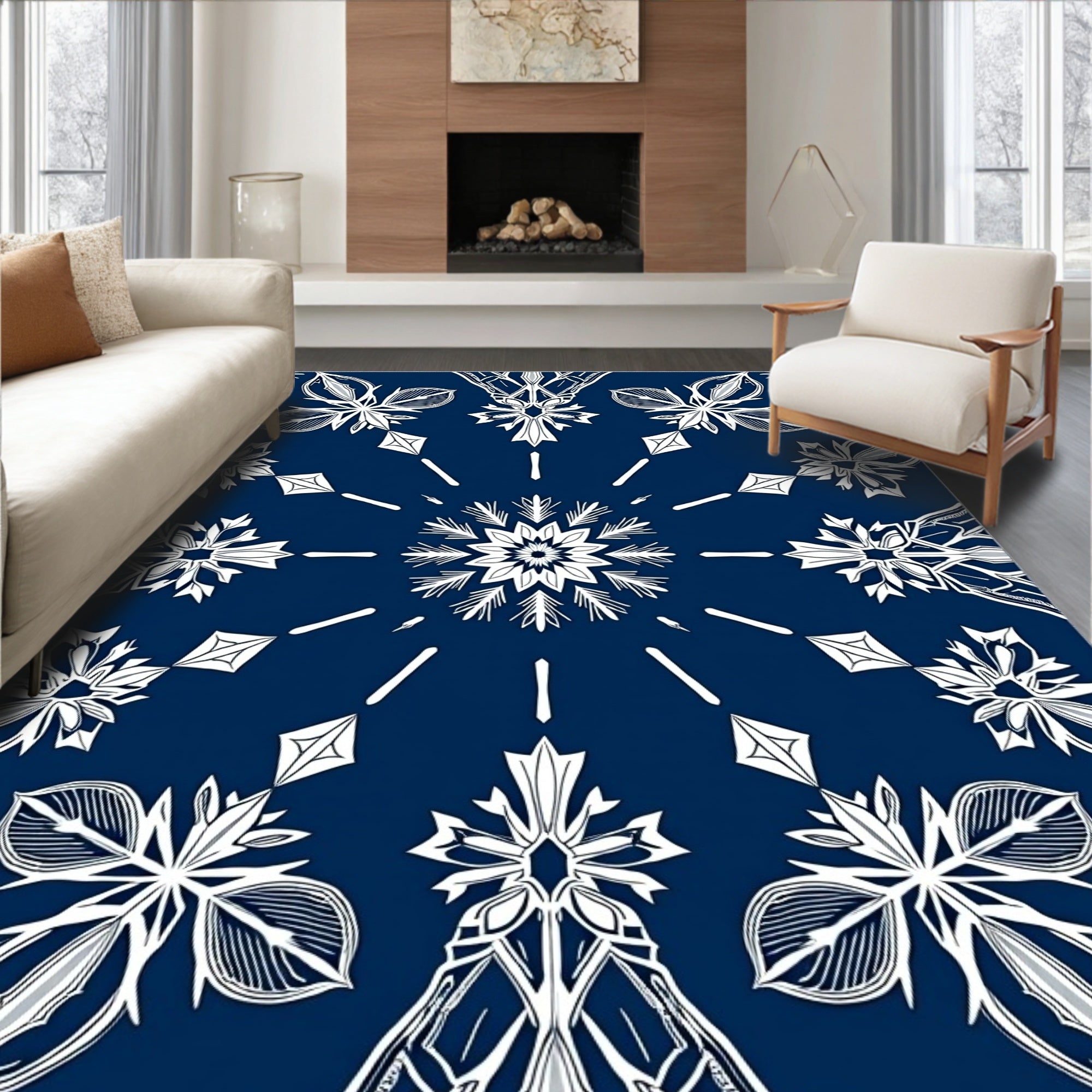 Navy White Symmetrical Floral Mandala Rug