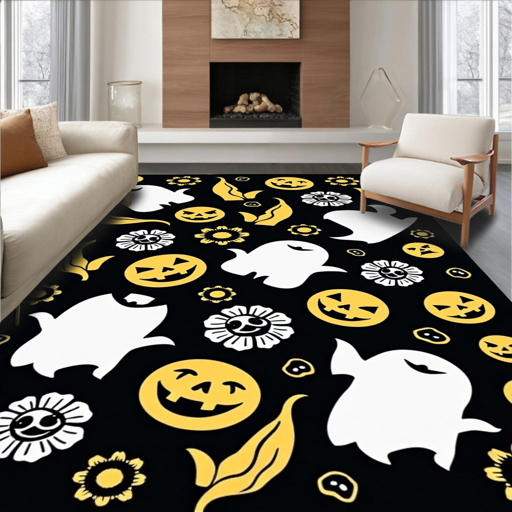 Black White Yellow Halloween Ghosts Rug