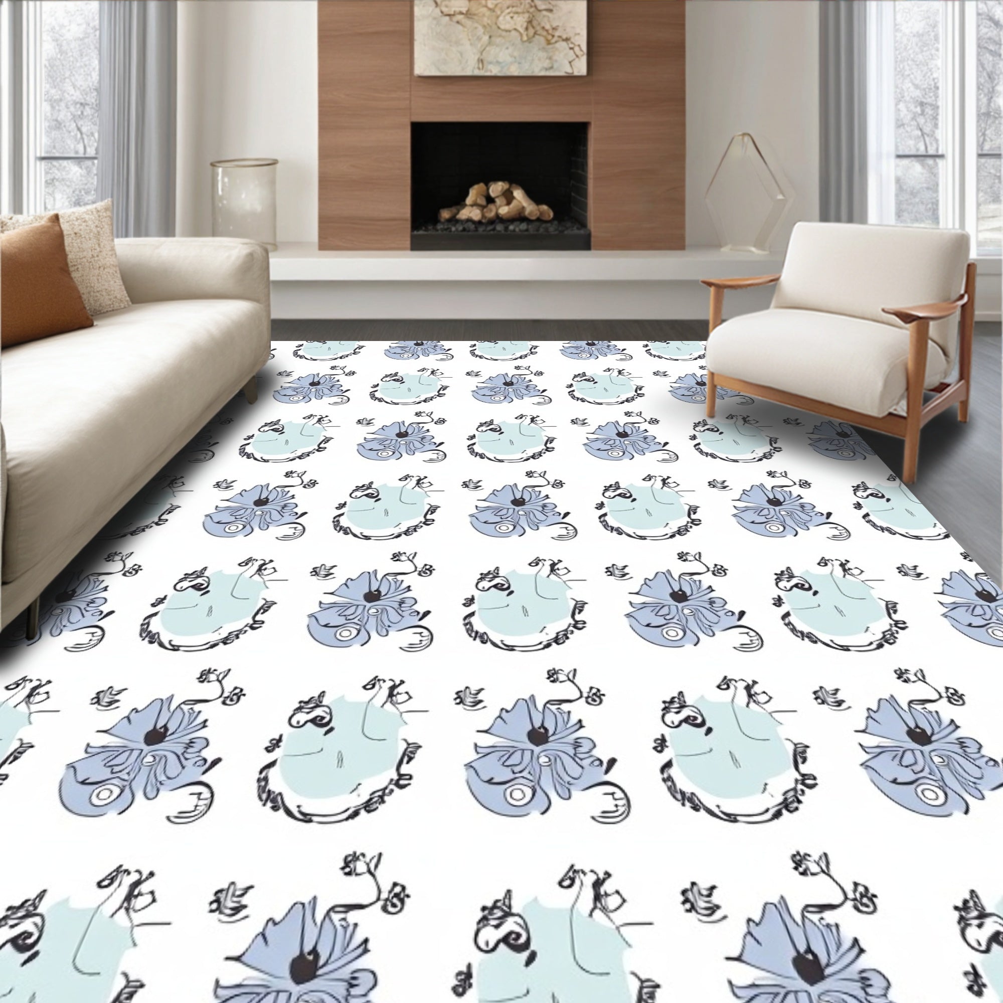 Soft Blue Floral Outline Rug