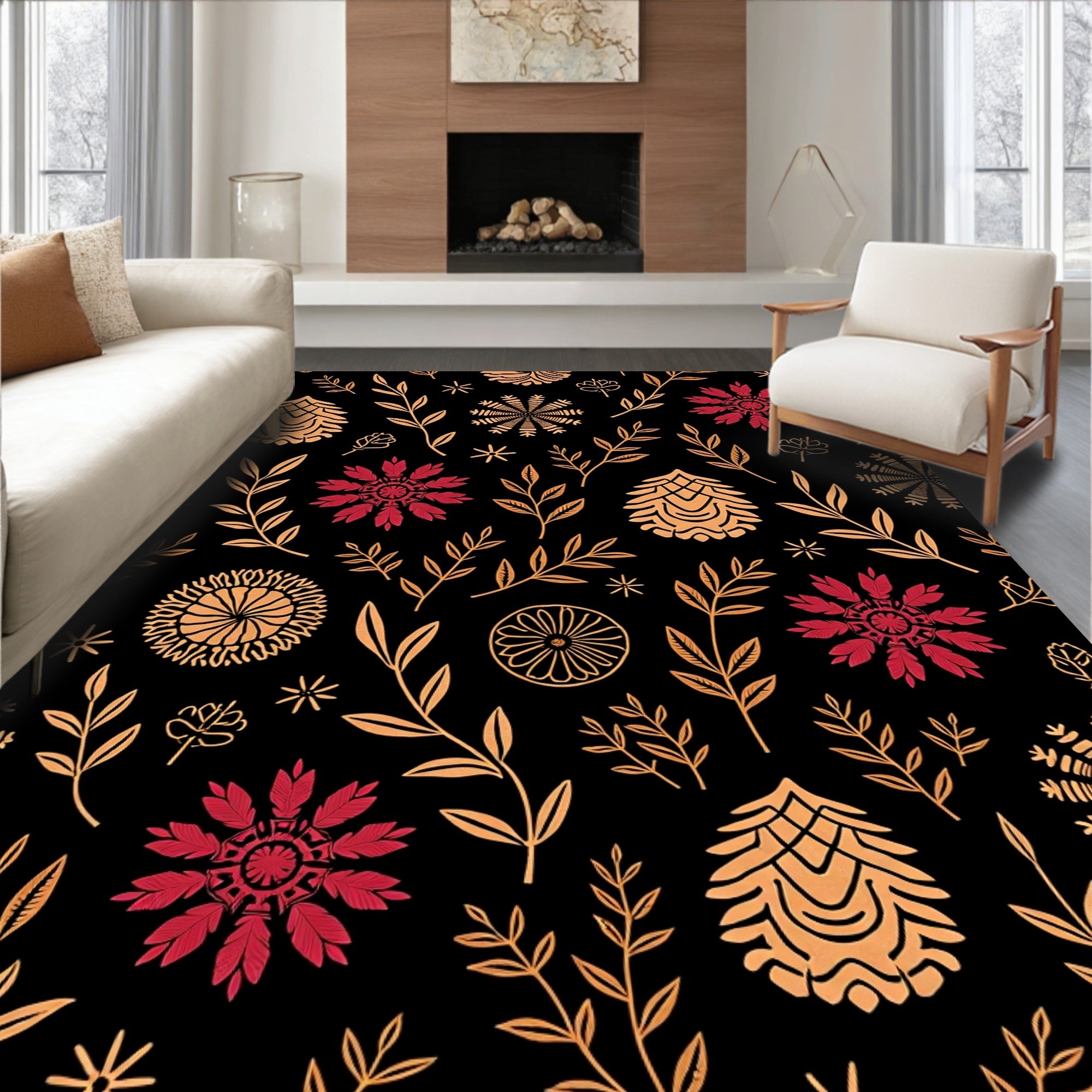 Crimson Gold Botanical Floral Medallion Rug
