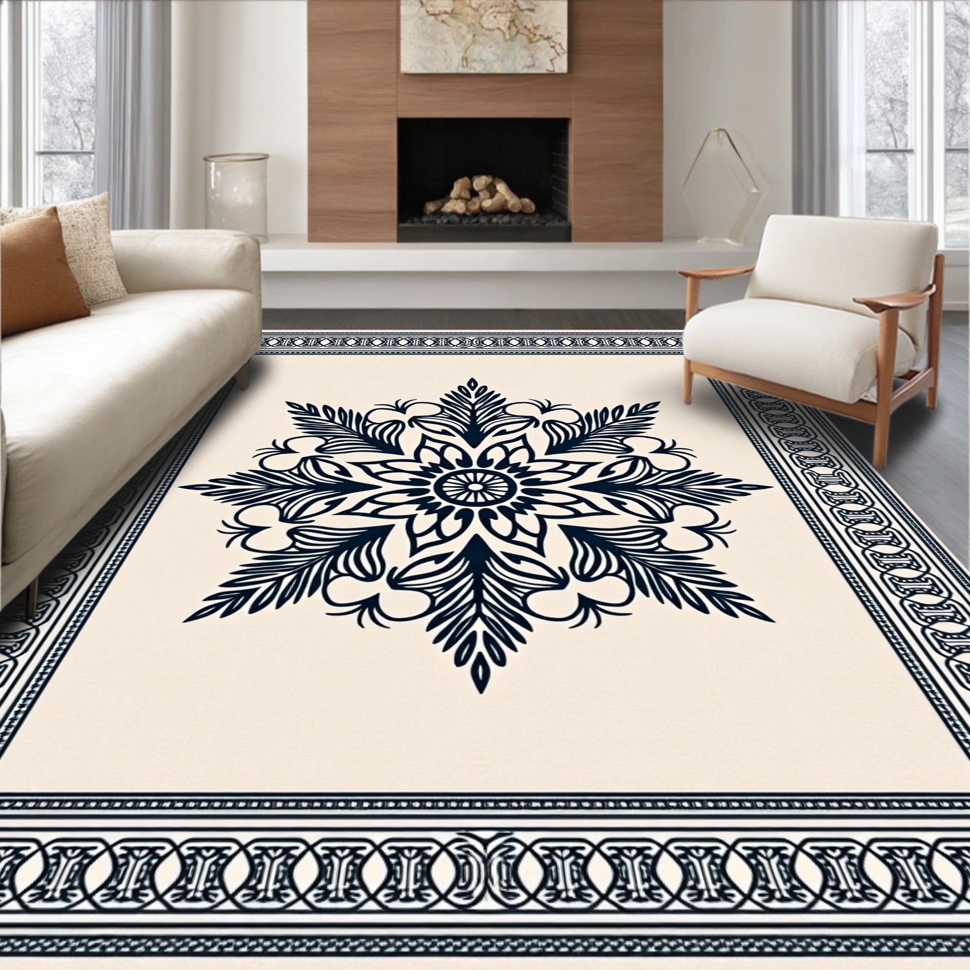 Deep Navy Floral Medallion Ivory Frame Rug
