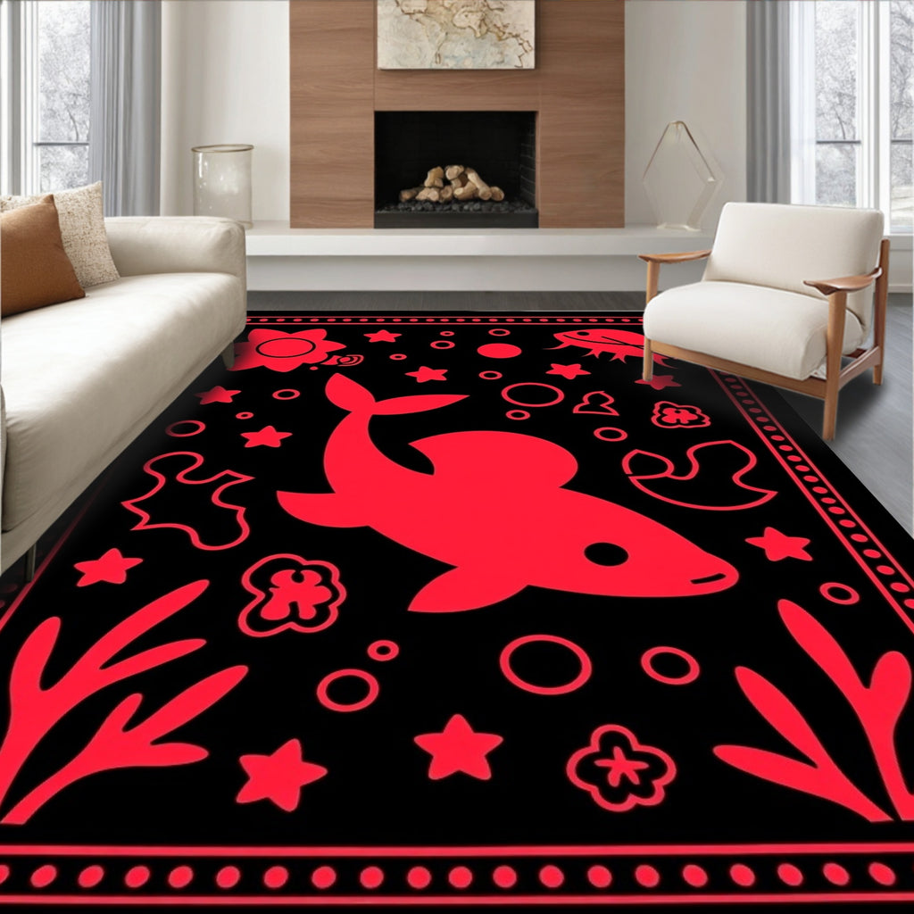 Bold Red Aquatic Life Scene Rug