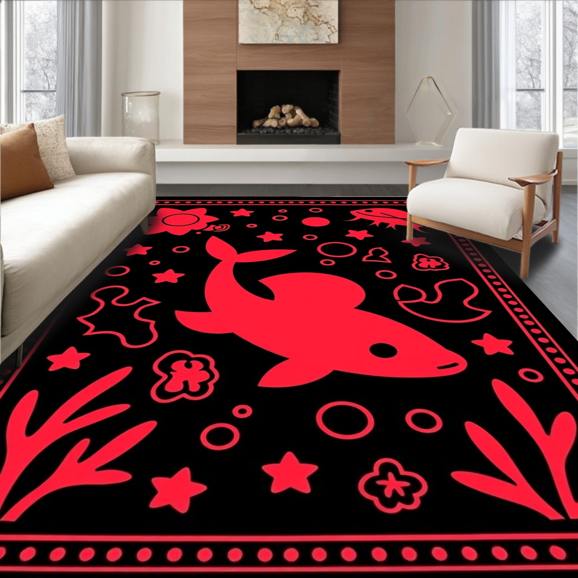 Bold Red Aquatic Life Scene Rug