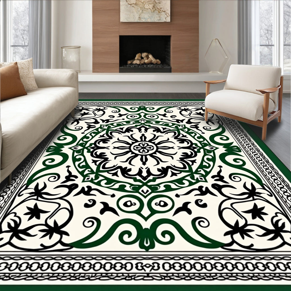 Ornate Black Green Floral Medallion Rug