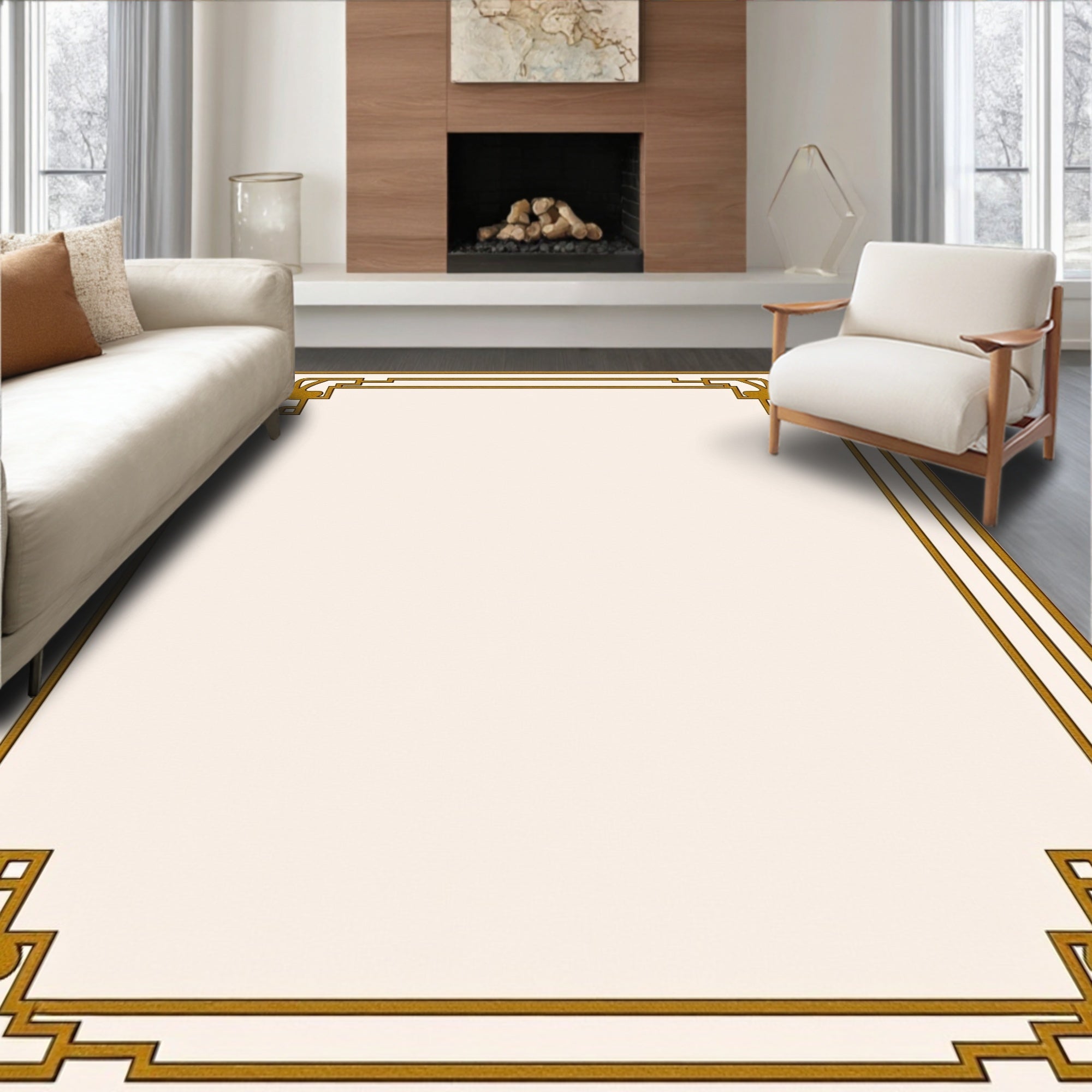 Golden Art Deco Floral Border Rug