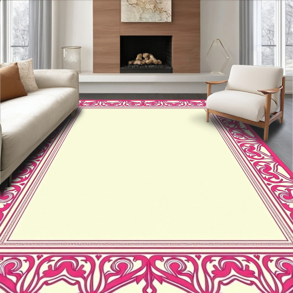 Vibrant Pink Filigree Geometric Border Rug