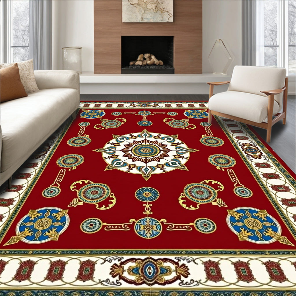 Crimson Red Ornate Medallion Border Rug