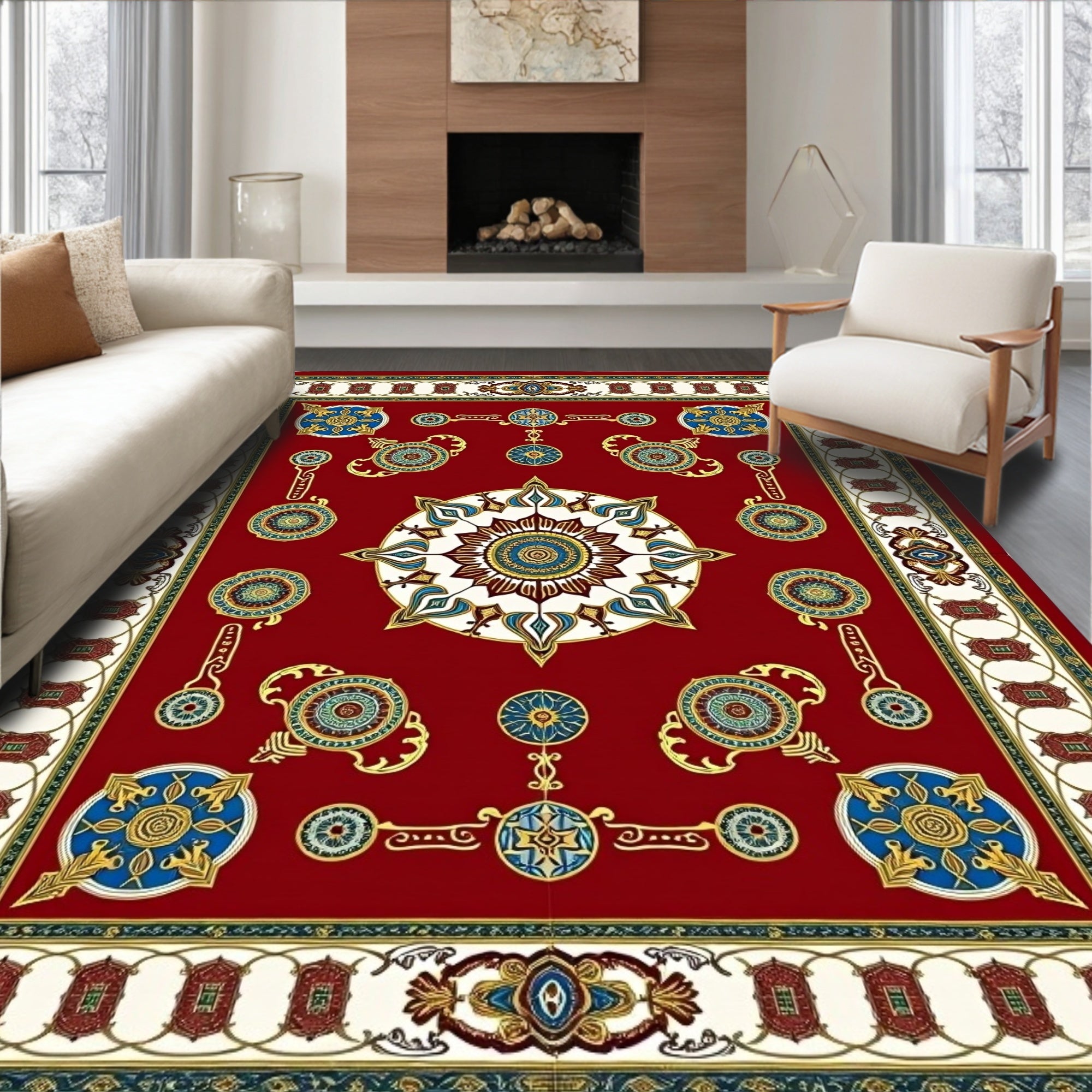 Crimson Red Ornate Medallion Border Rug