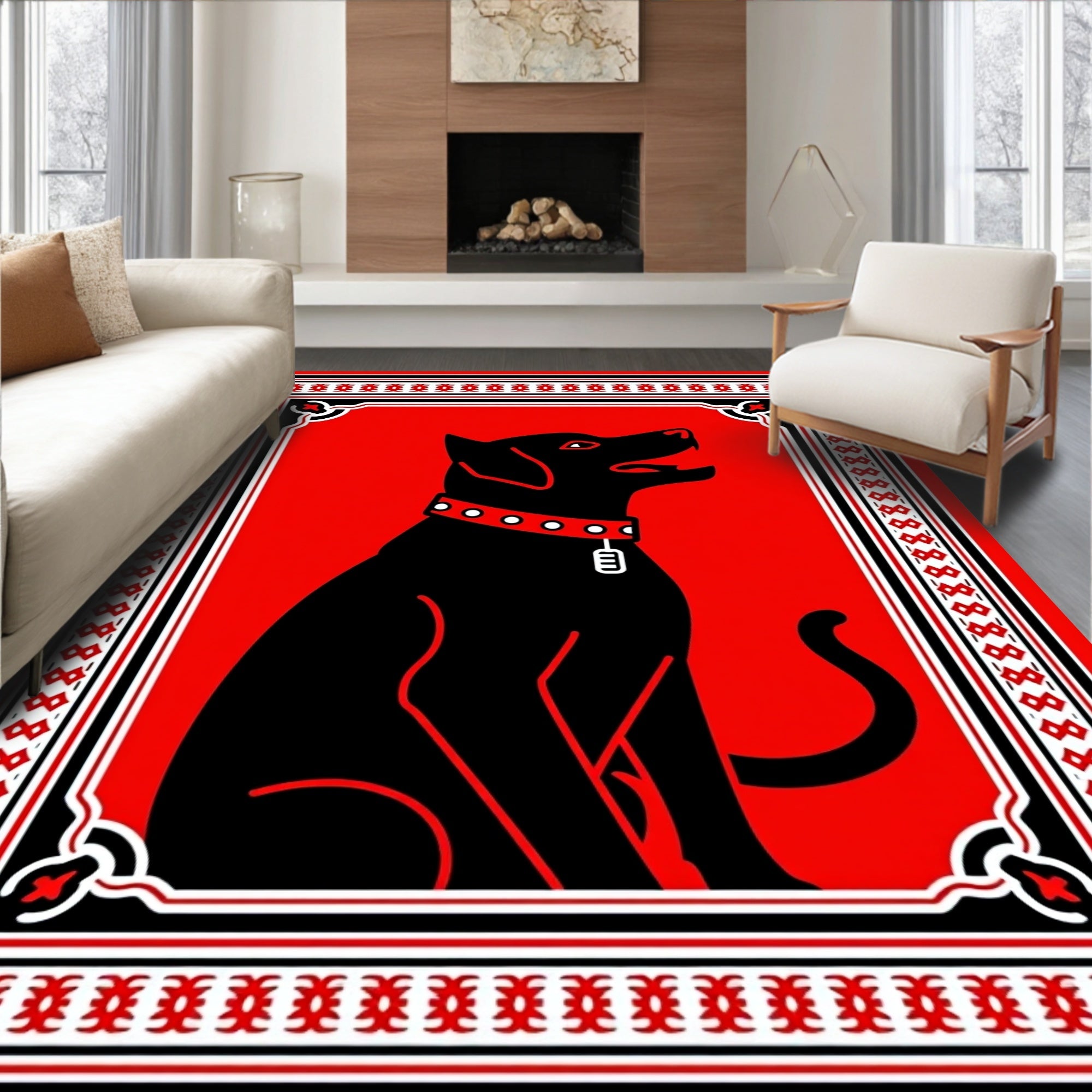 Bold Red Sitting Dog Geometric Border Rug