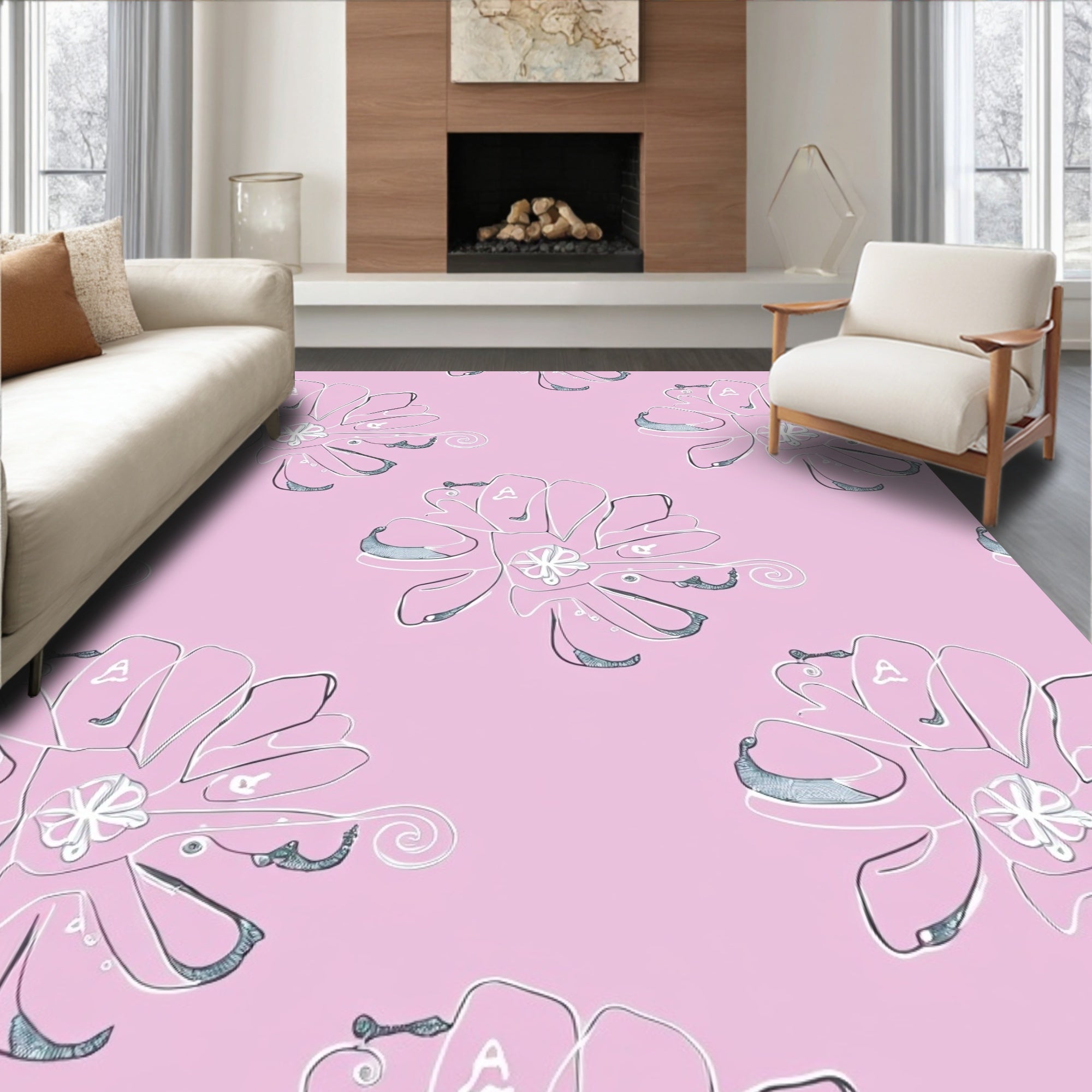 Pastel Pink Outline Flower Repeat Rug