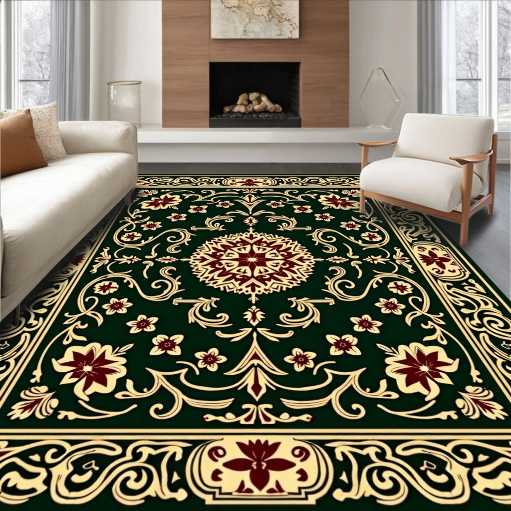 Deep Green Maroon Floral Medallion Rug