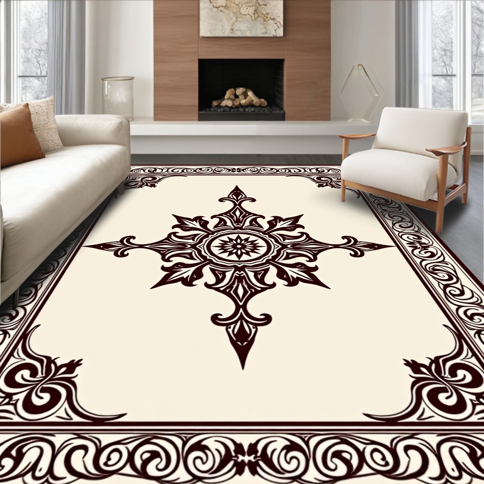 Antique Ivory Dark Brown Medallion Border Rug