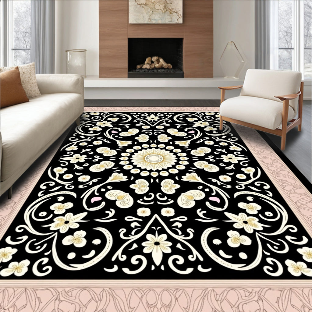 Cream Floral Swirls Black Border Rug
