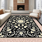 Cream Floral Swirls Black Border Rug