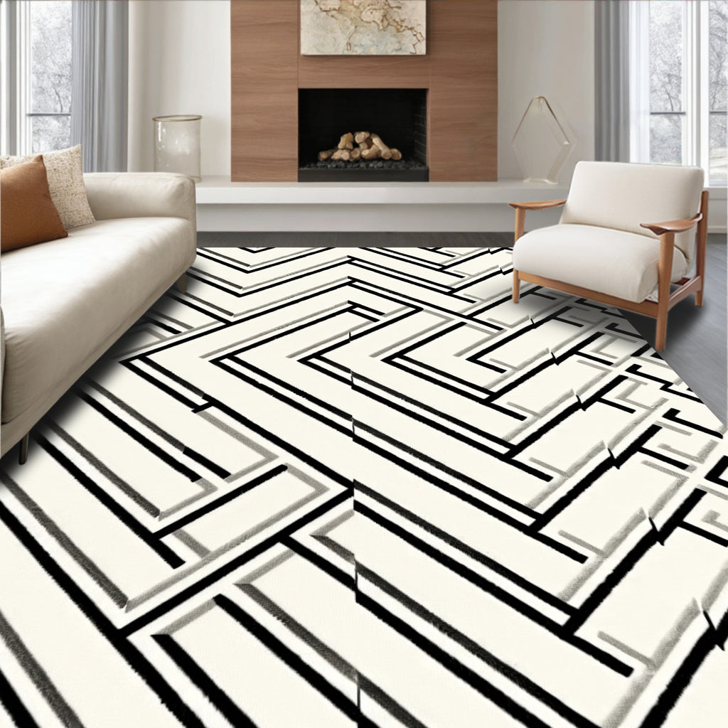 Cream Linear Geometric Interlocking Rug