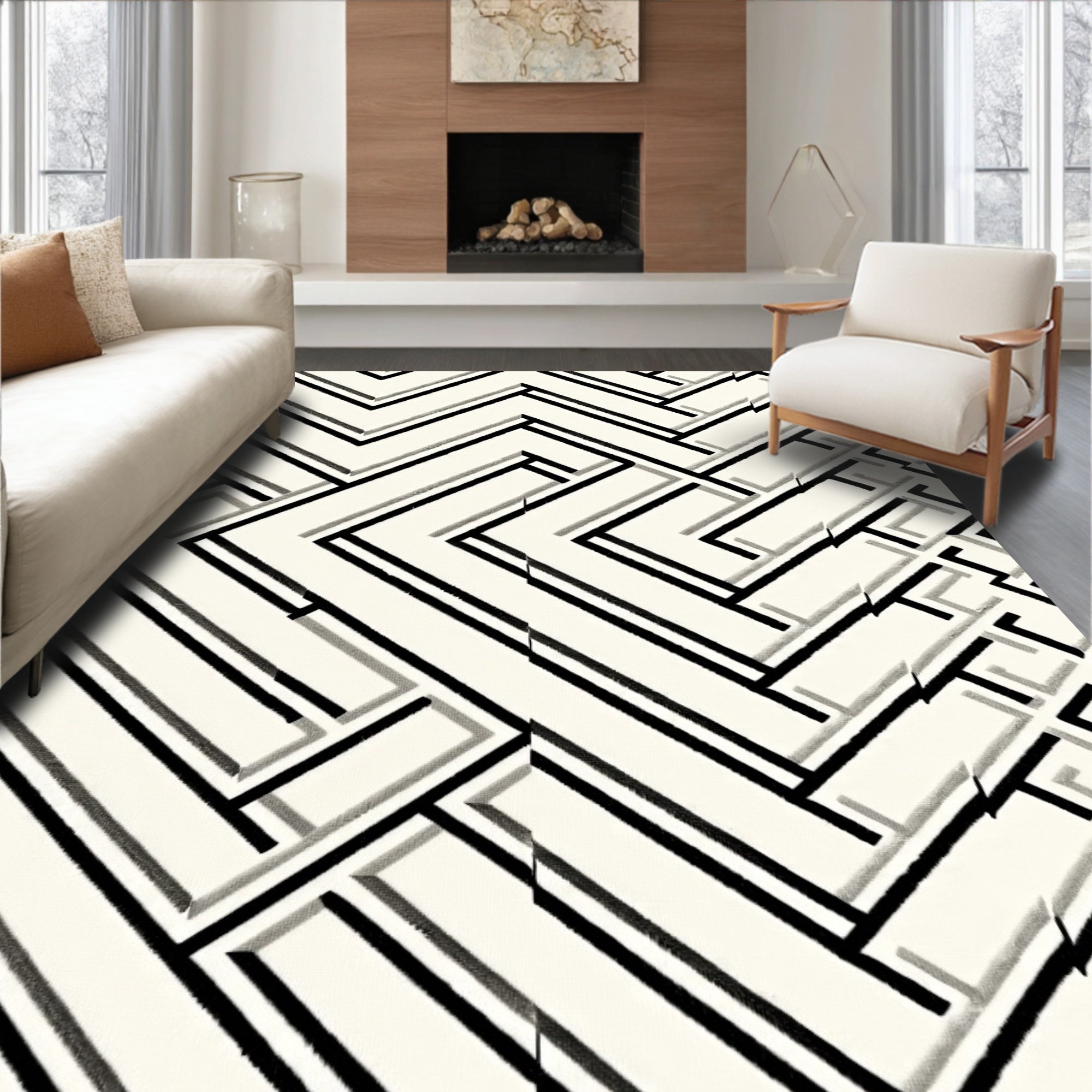 Cream Linear Geometric Interlocking Rug