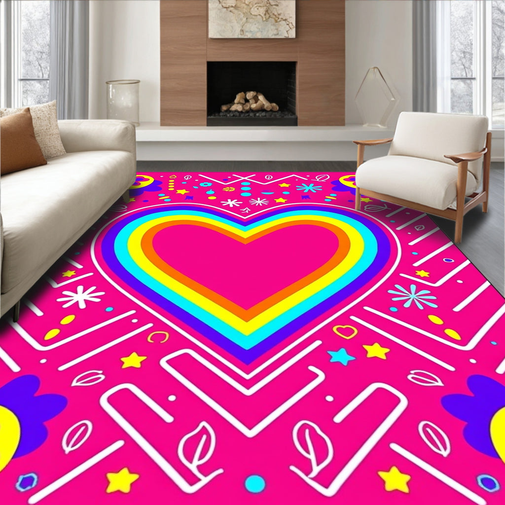 Vibrant Rainbow Heart Geometric Collage Rug
