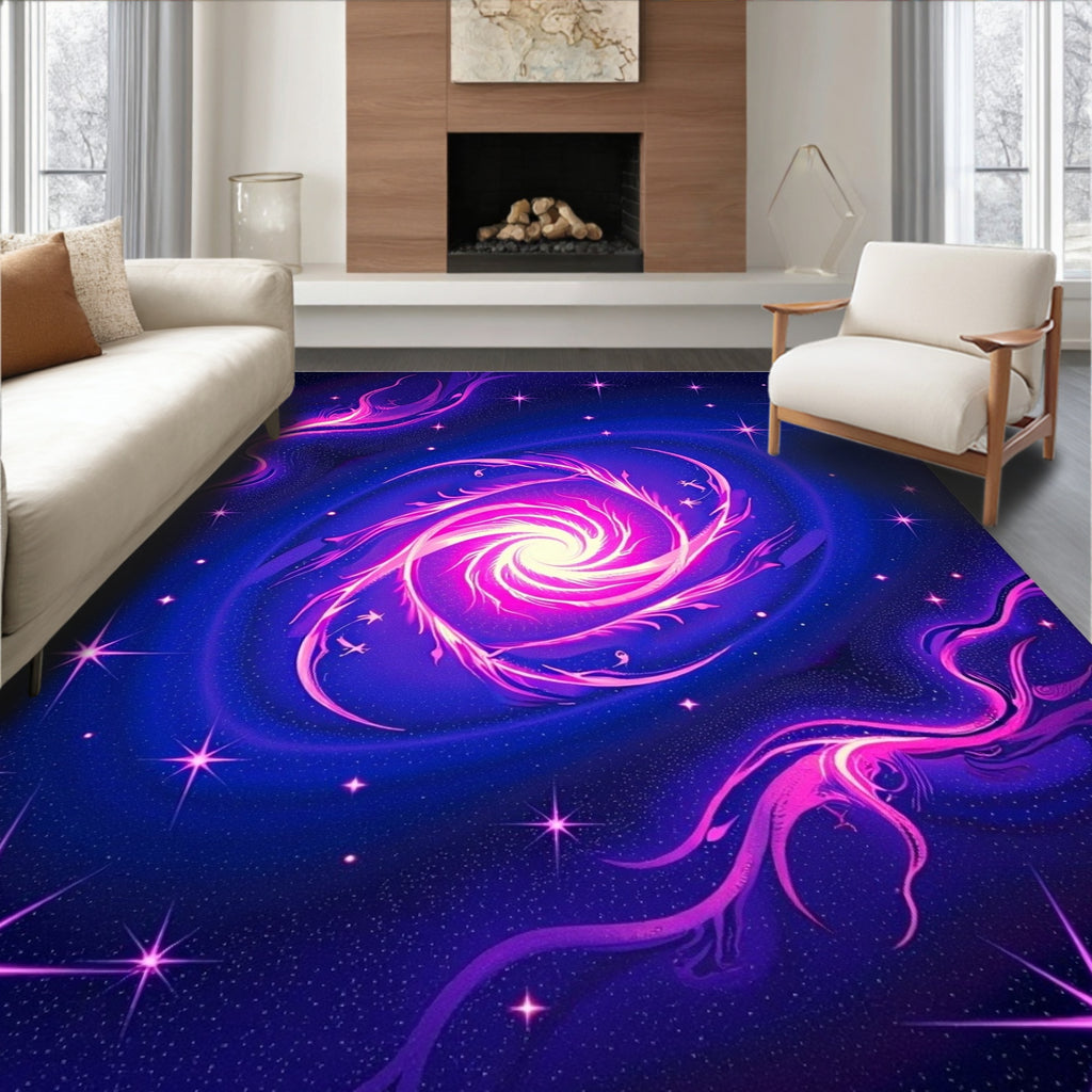 Vibrant Neon Nebula Starry Swirl Rug