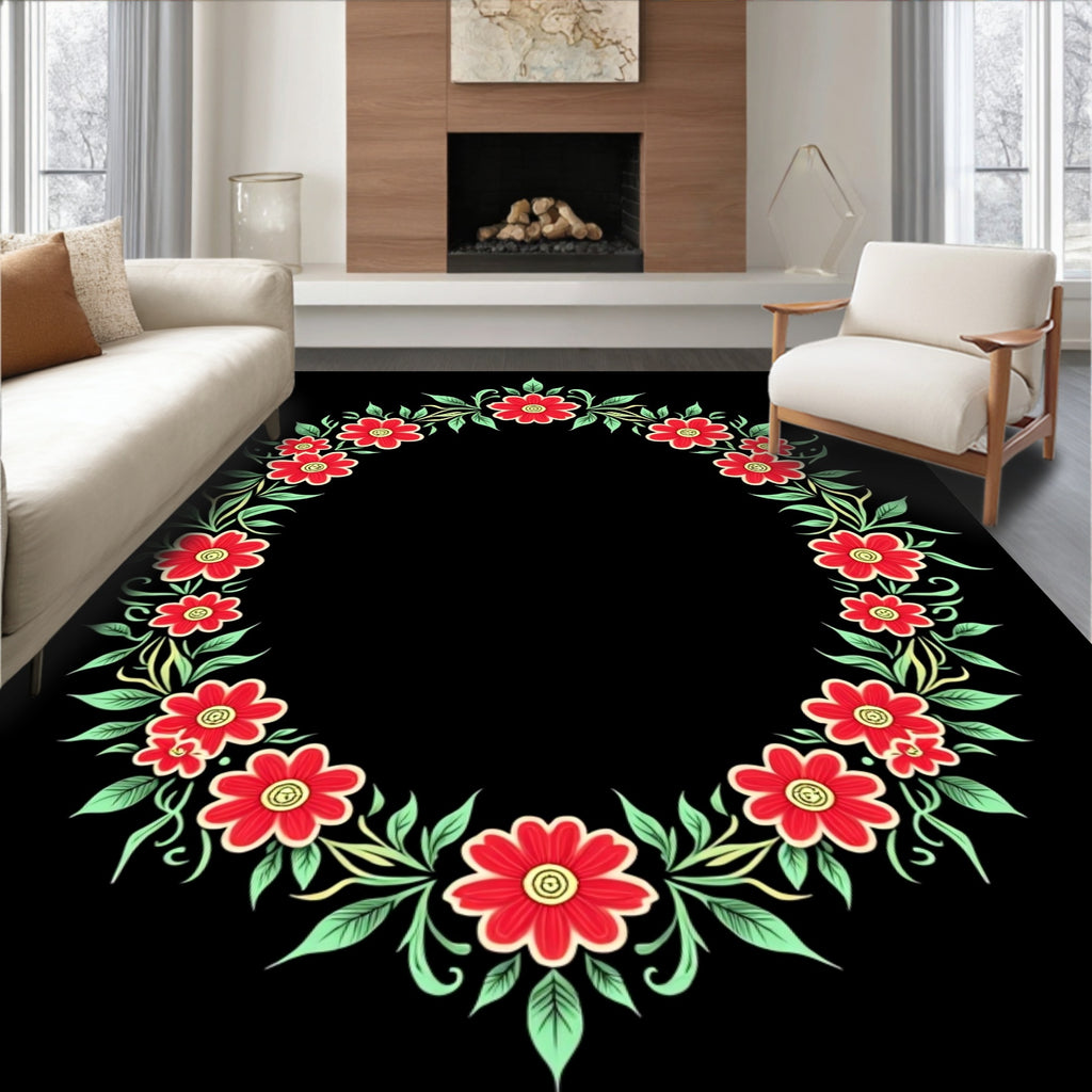 Vibrant Red Floral Laurel Wreath Rug