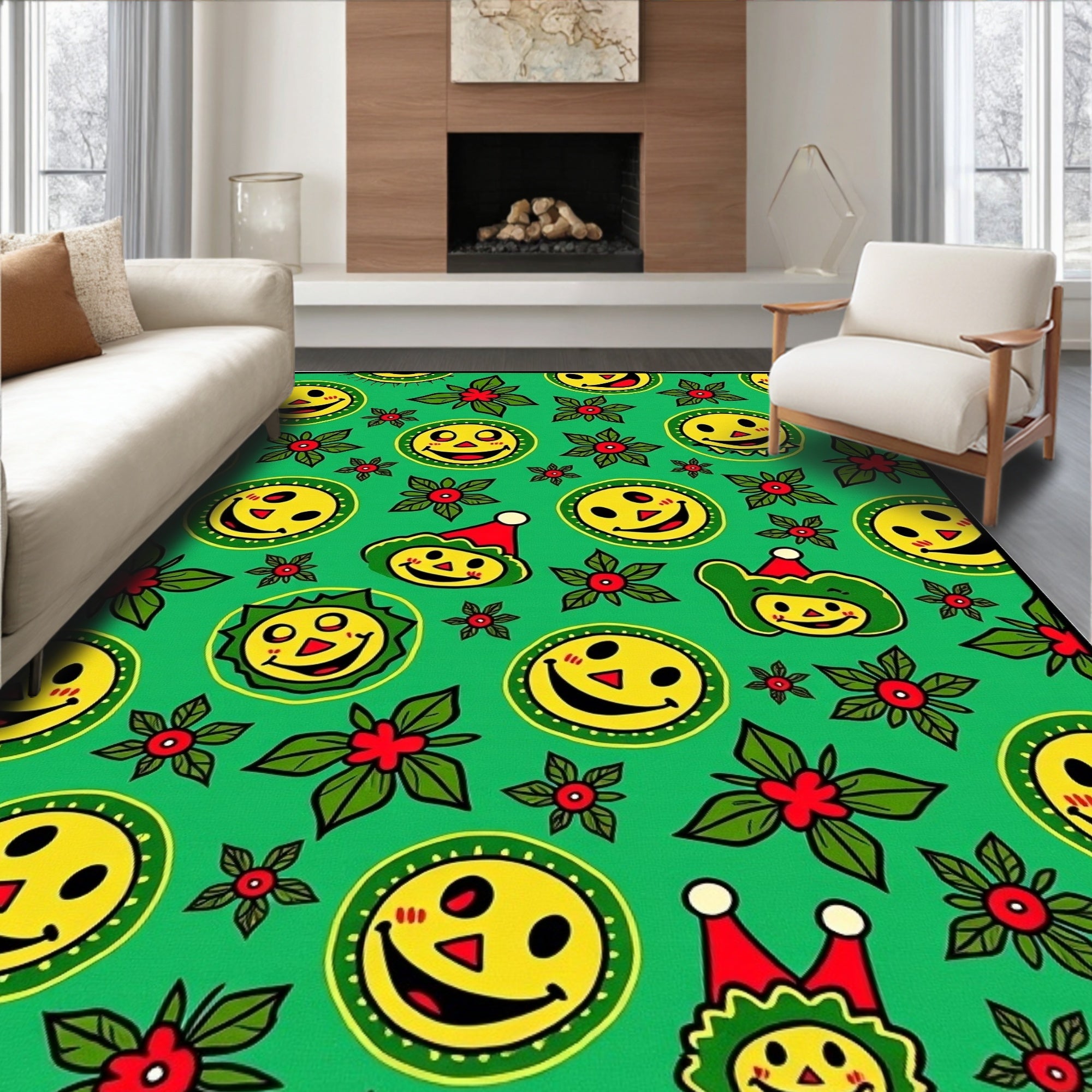 Whimsical Smiley Face Christmas Floral Rug