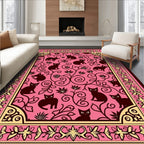 Whimsical Pink Black Cat Floral Rug