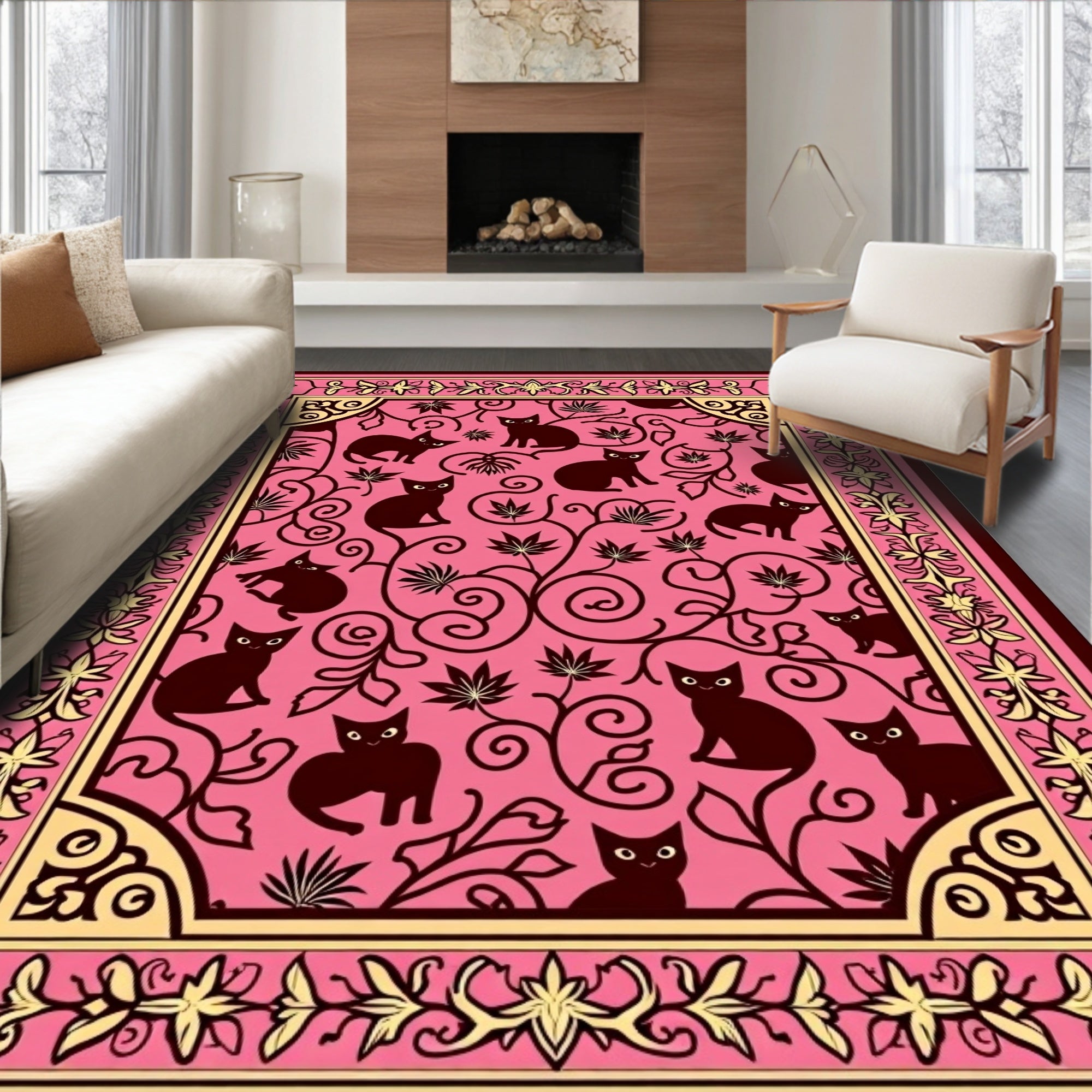 Whimsical Pink Black Cat Floral Rug