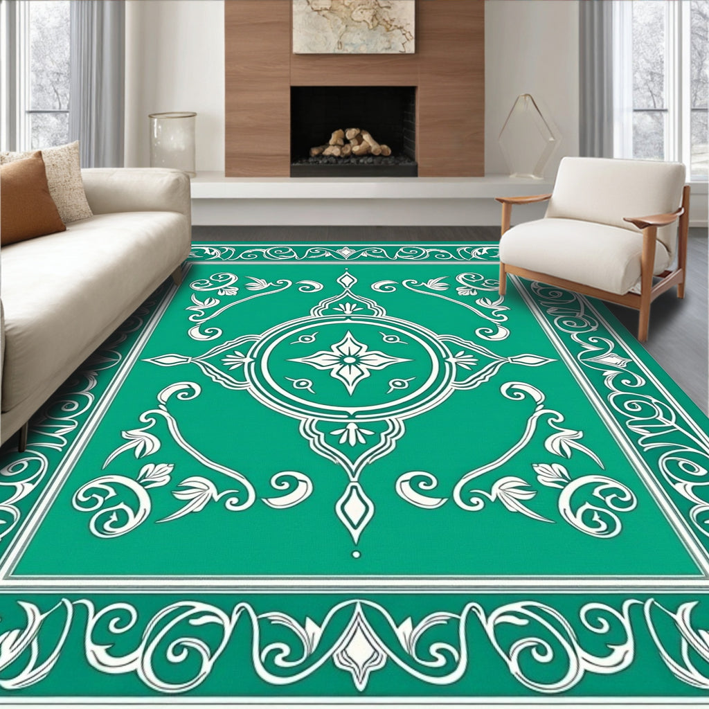 Emerald Green Floral Medallion Frame Rug