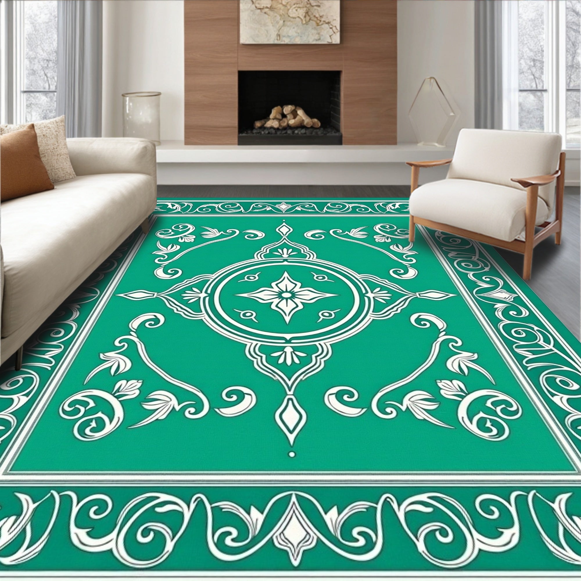 Emerald Green Floral Medallion Frame Rug