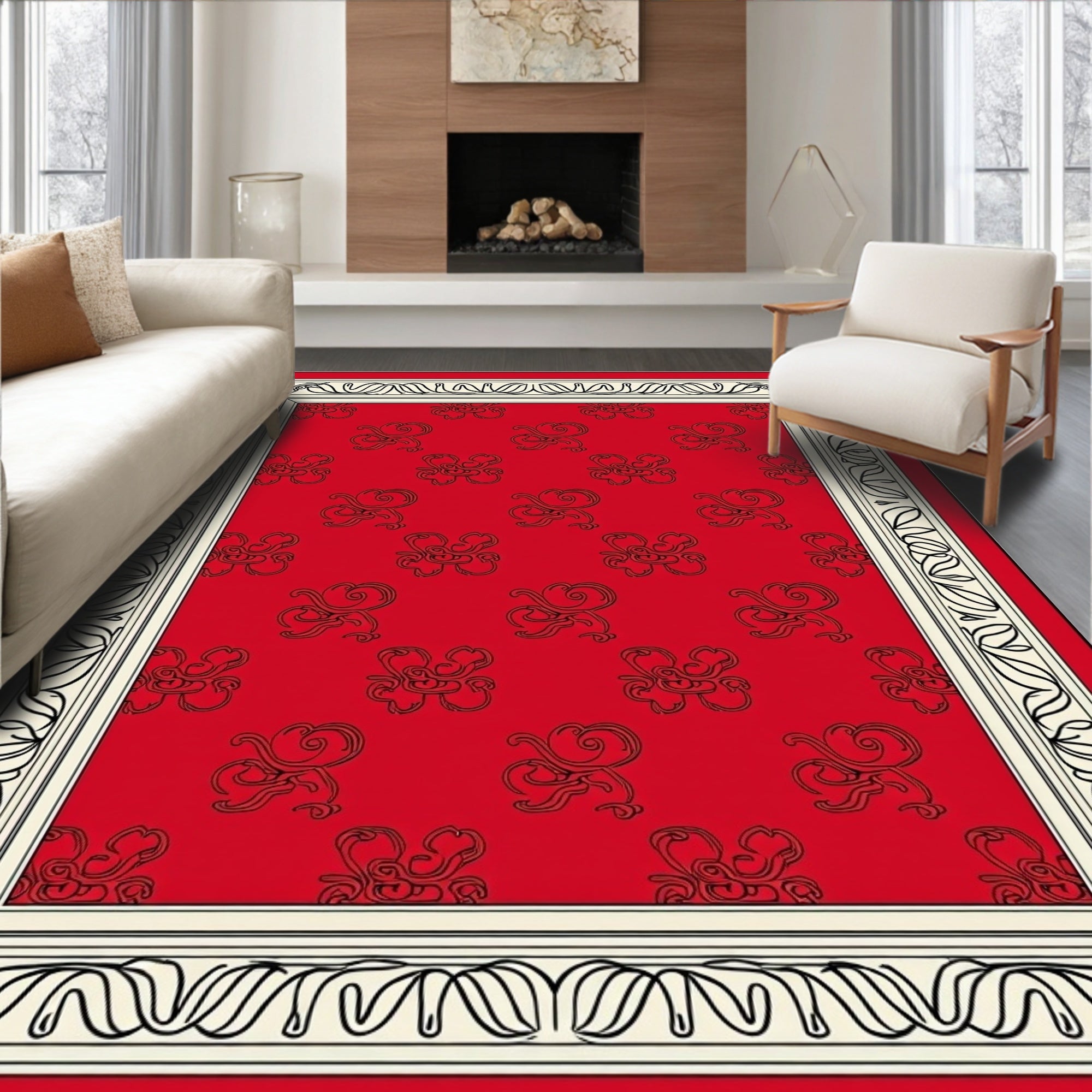 Crimson Red Scrolling Floral Border Rug