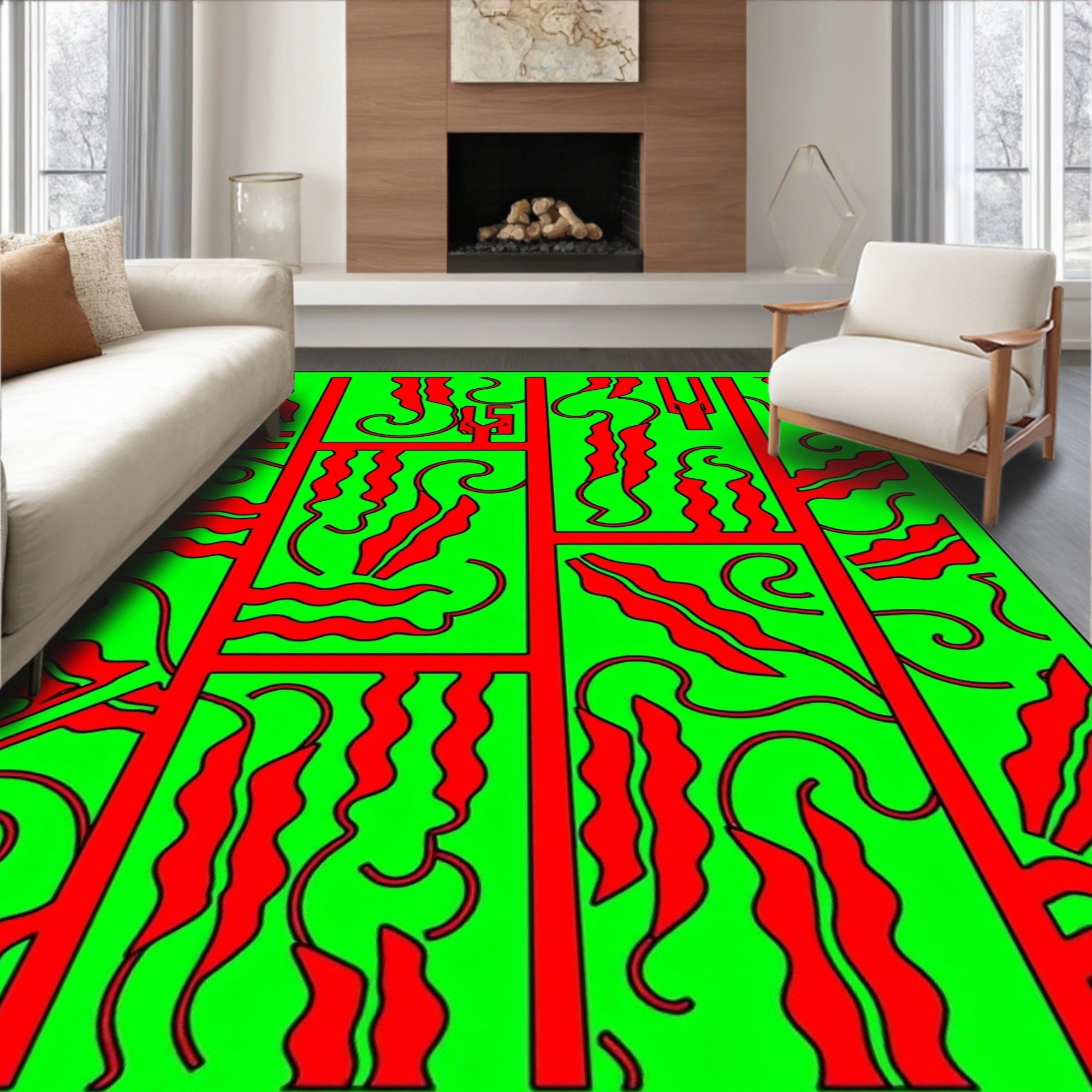 Bold Red Green Wavy Geometric Rug