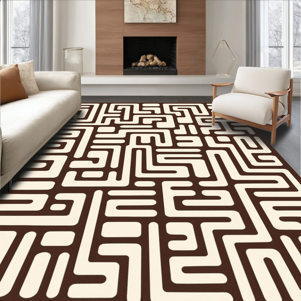 Brown Cream Maze Geometric Rug