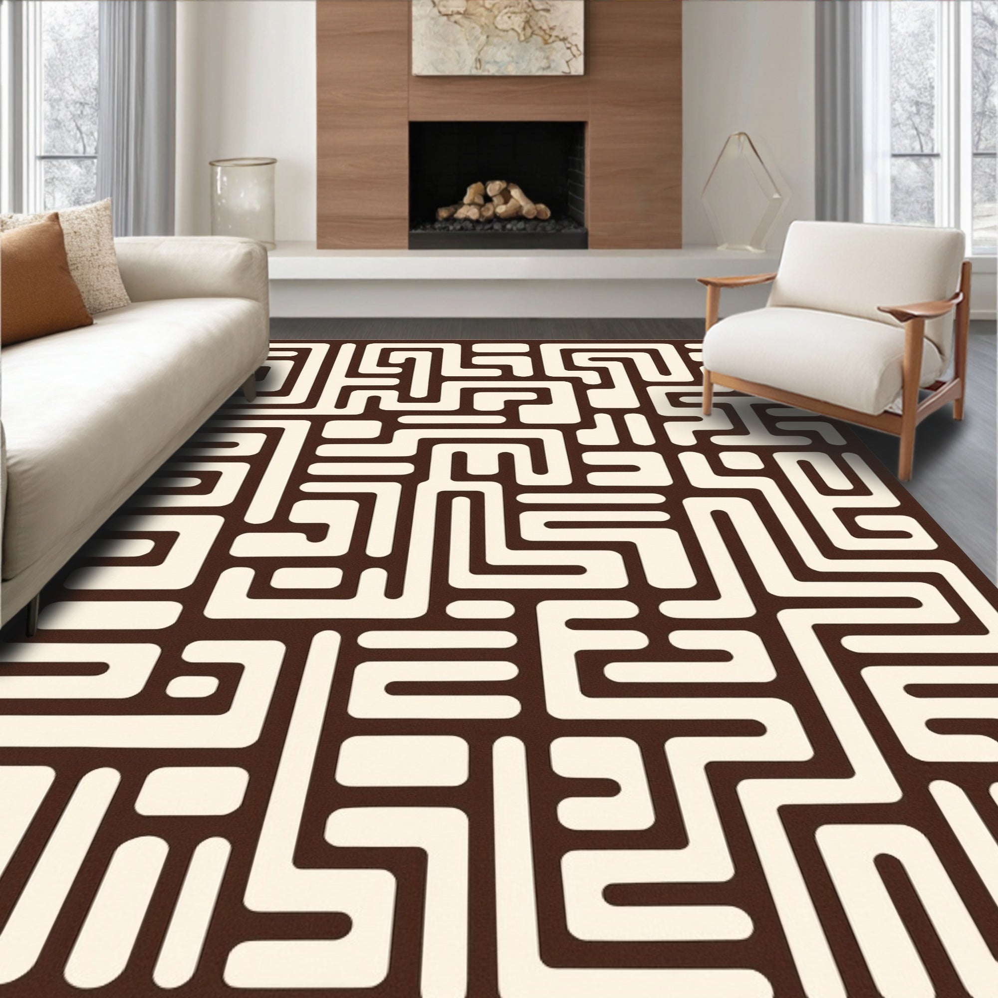 Brown Cream Maze Geometric Rug