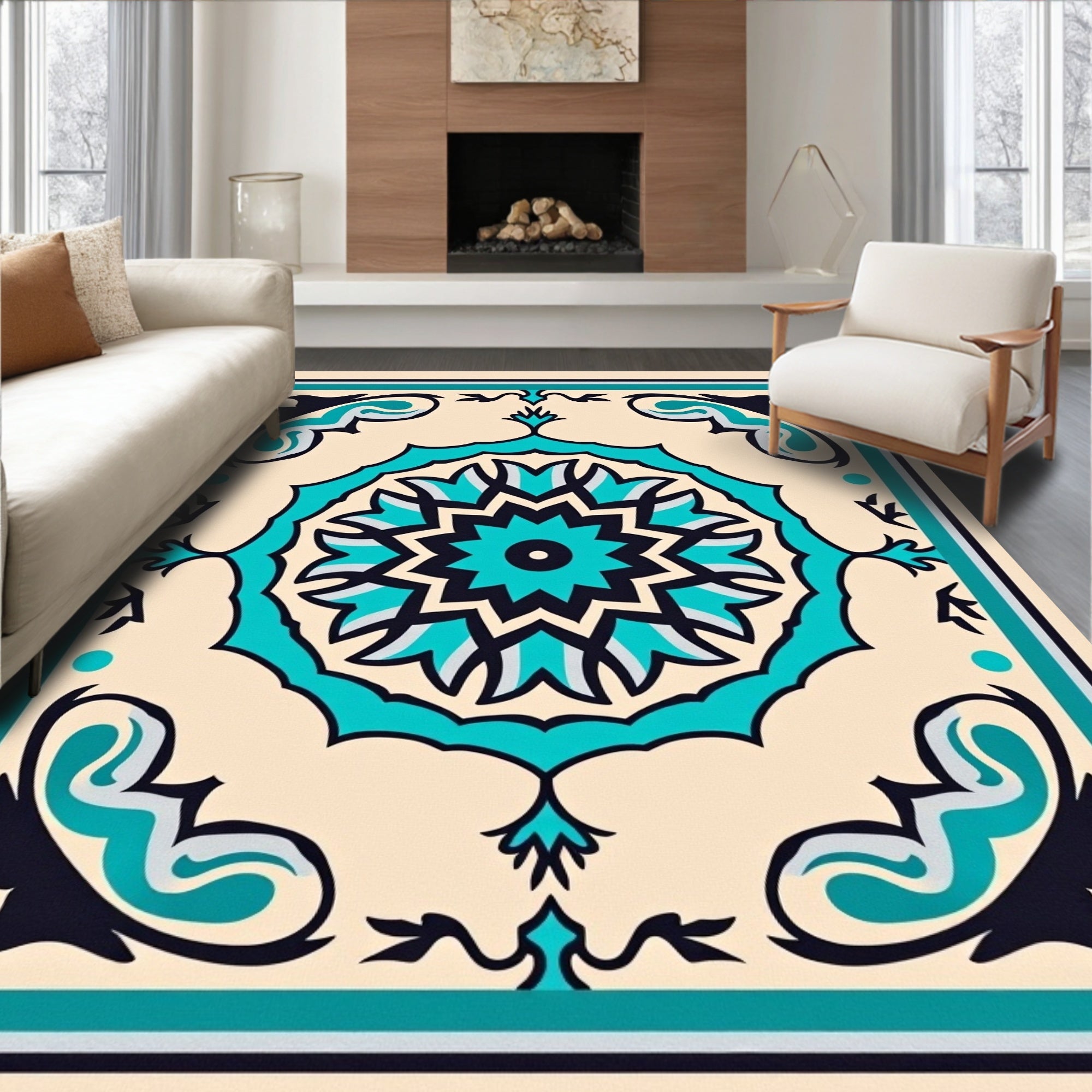 Turquoise Floral Medallion Cream Border Rug