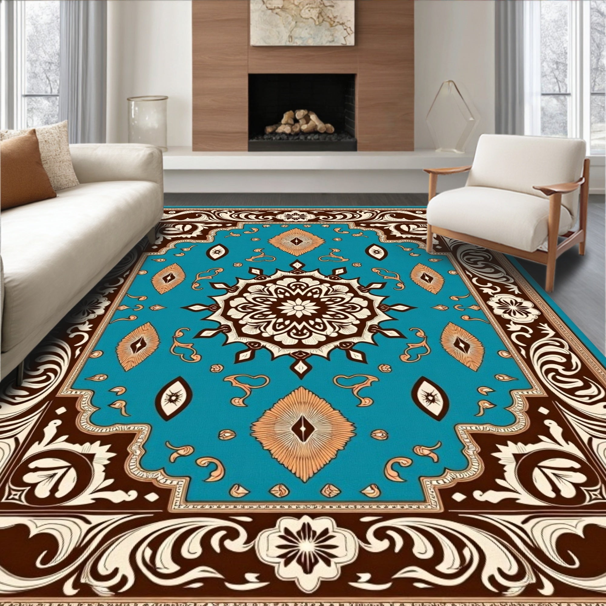 Teal Brown White Floral Medallion Rug