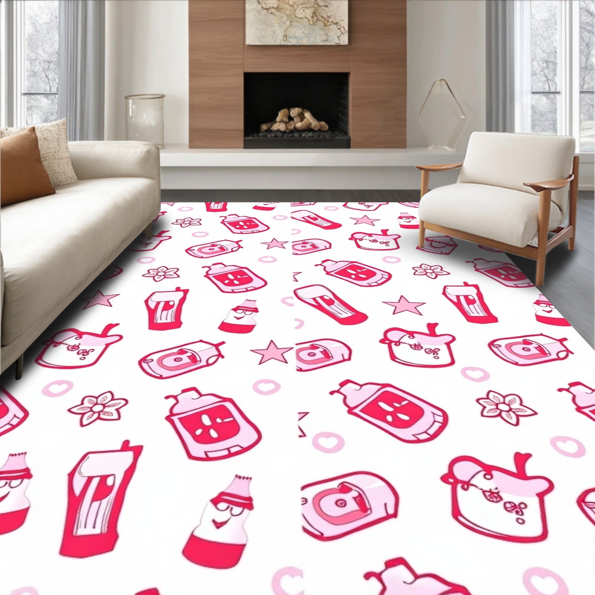 Whimsical Pink Cartoon Food Icons Rug