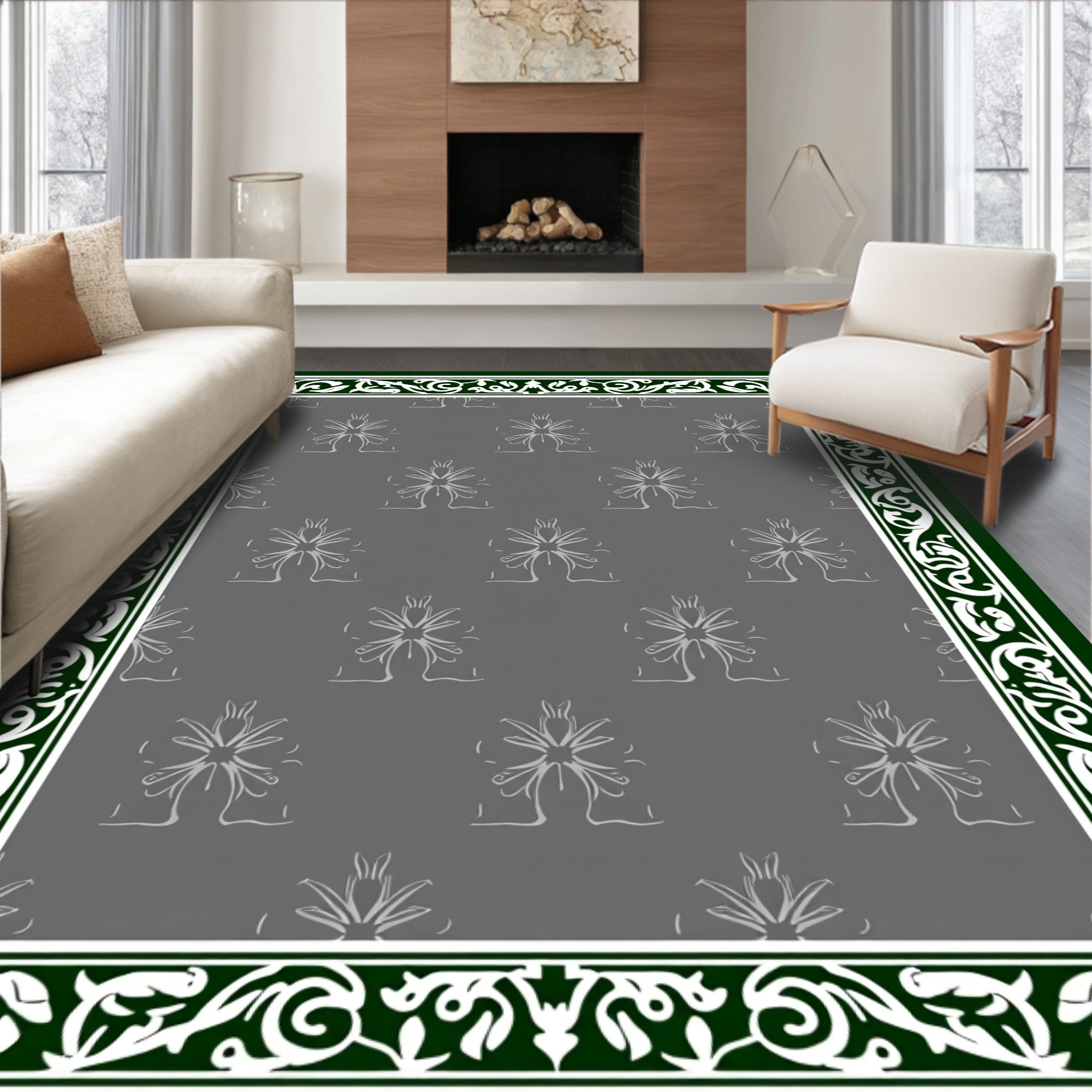 Dark Green Ornate Floral Medallion Rug