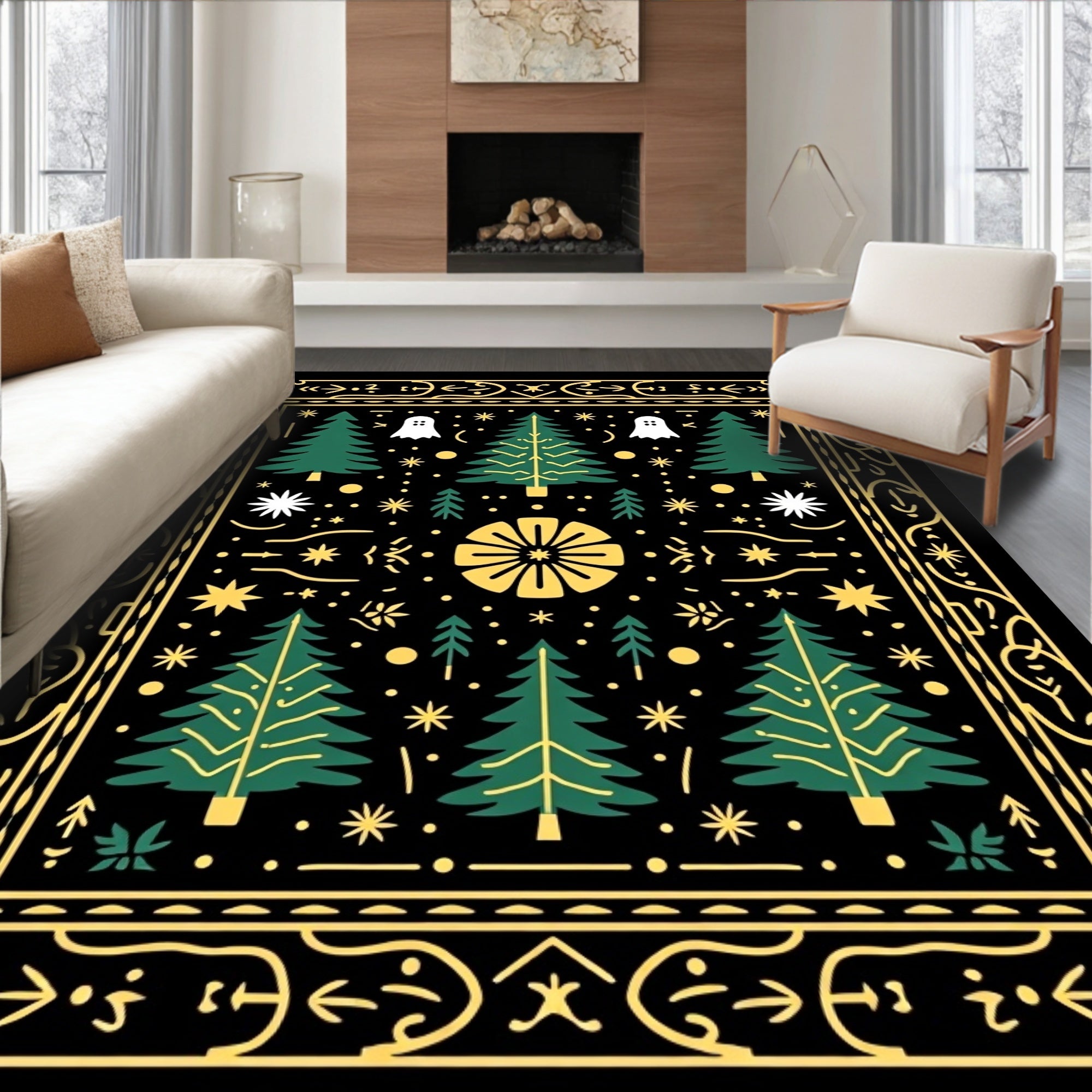 Whimsical Black Green Tree Ghost Rug