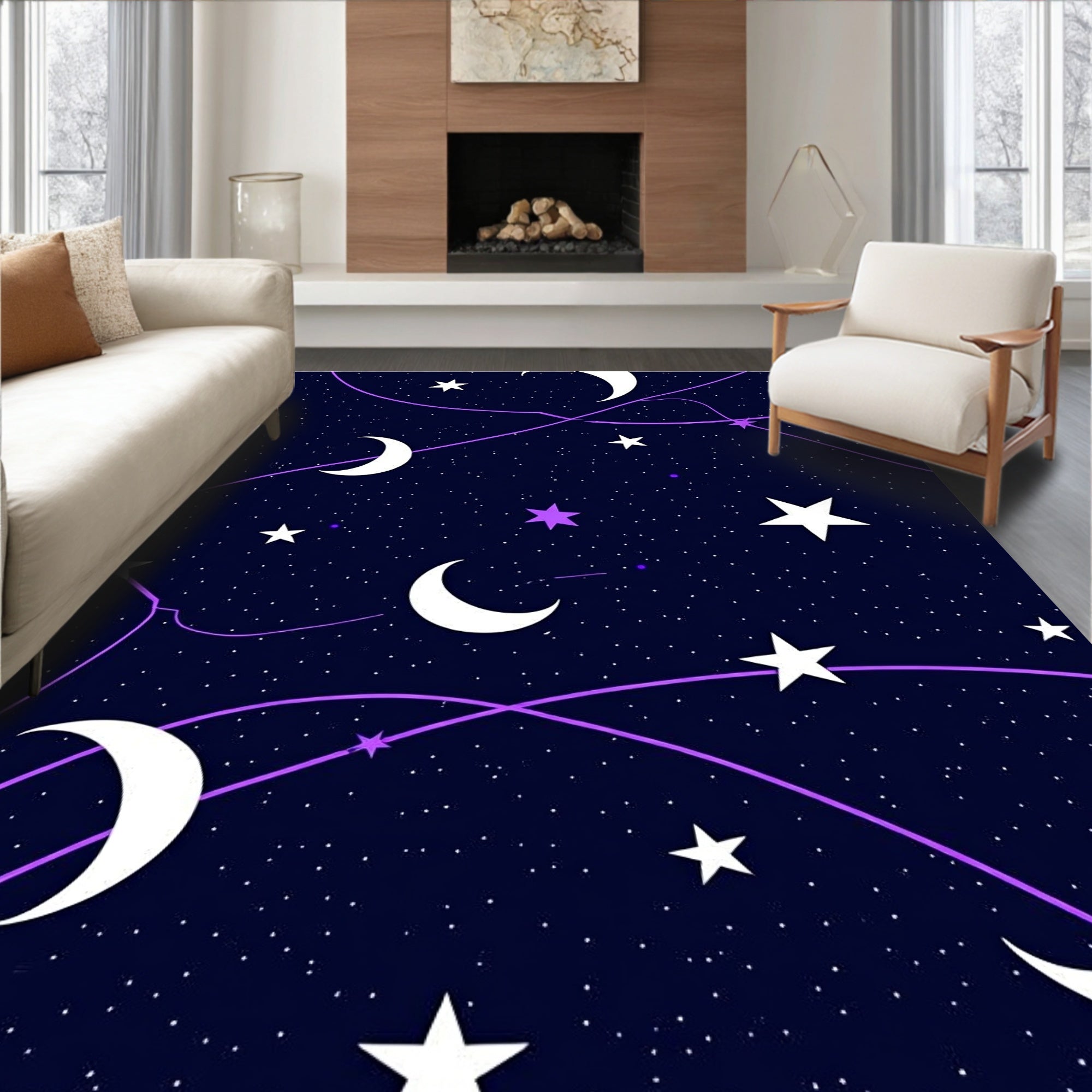 Cosmic Night Sky Crescent Moons Stars Rug