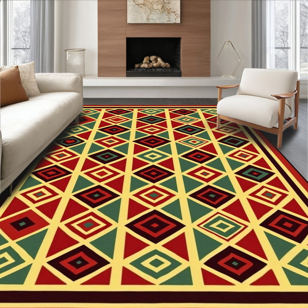Bold Red Diamond Geometric Medallion Rug